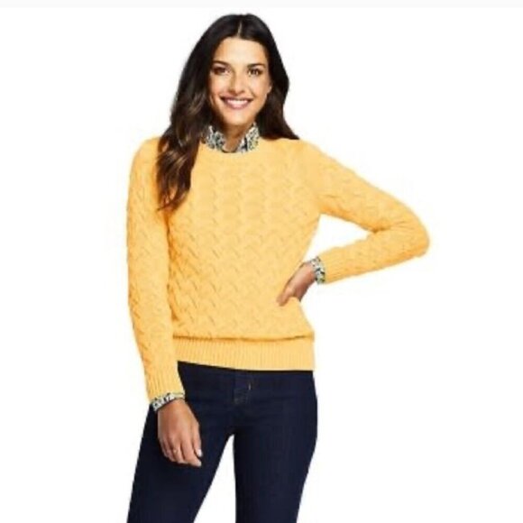 Lands' End Drifter Yellow Cable Knit Fisherman Midweight  Cotton Sweater Size XS - Picture 1 of 5